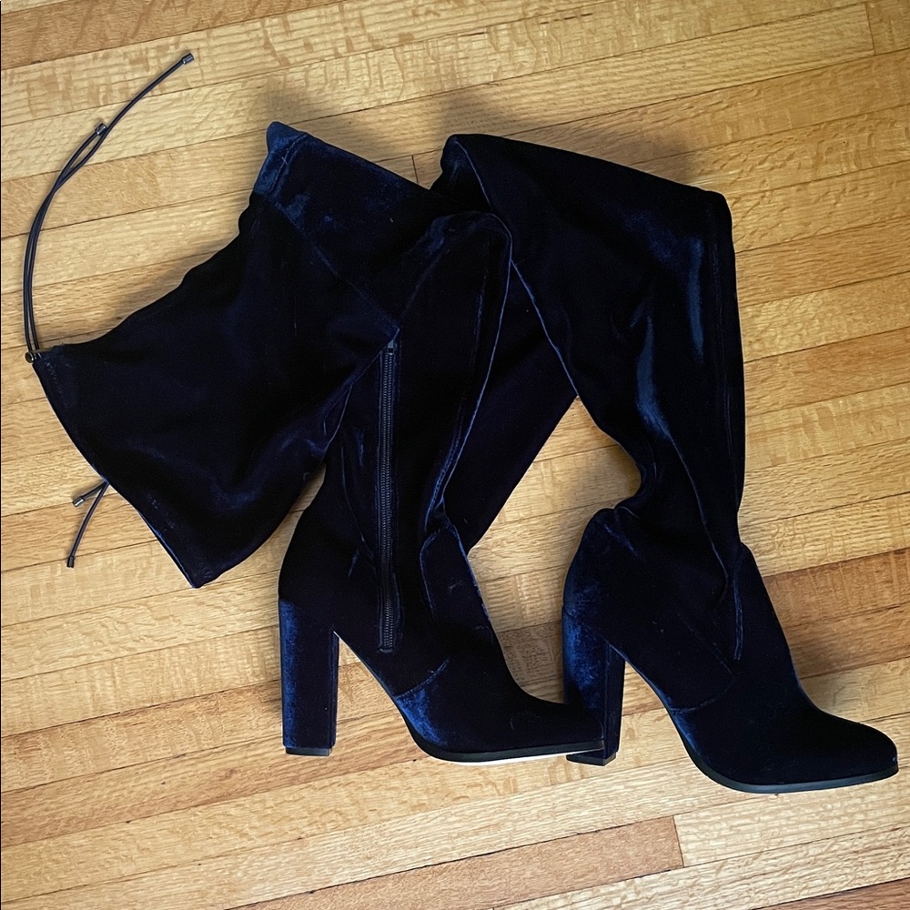 ASOS Blue Velvet Over the Knee Boots